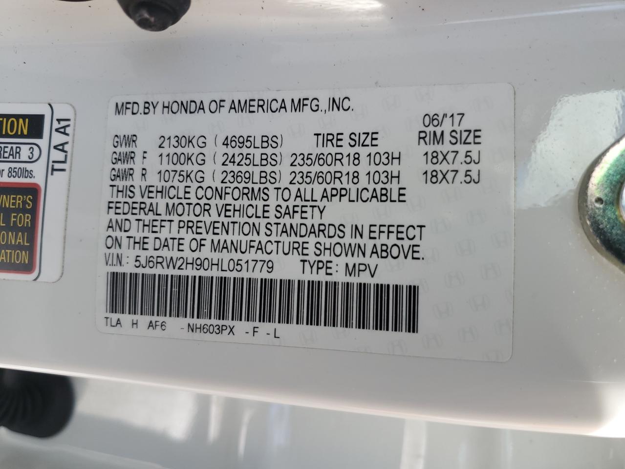 2017 Honda CR-V VIN 5J6RW2H90HL051779 Copart auction photo, front end / undercarriage damage thumbnail 13