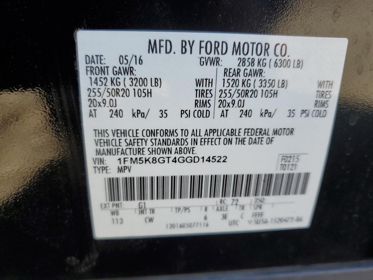 2016 Ford Explorer VIN 1FM5K8GT4GGD14522 Copart auction photo, rear end / side damage thumbnail 14