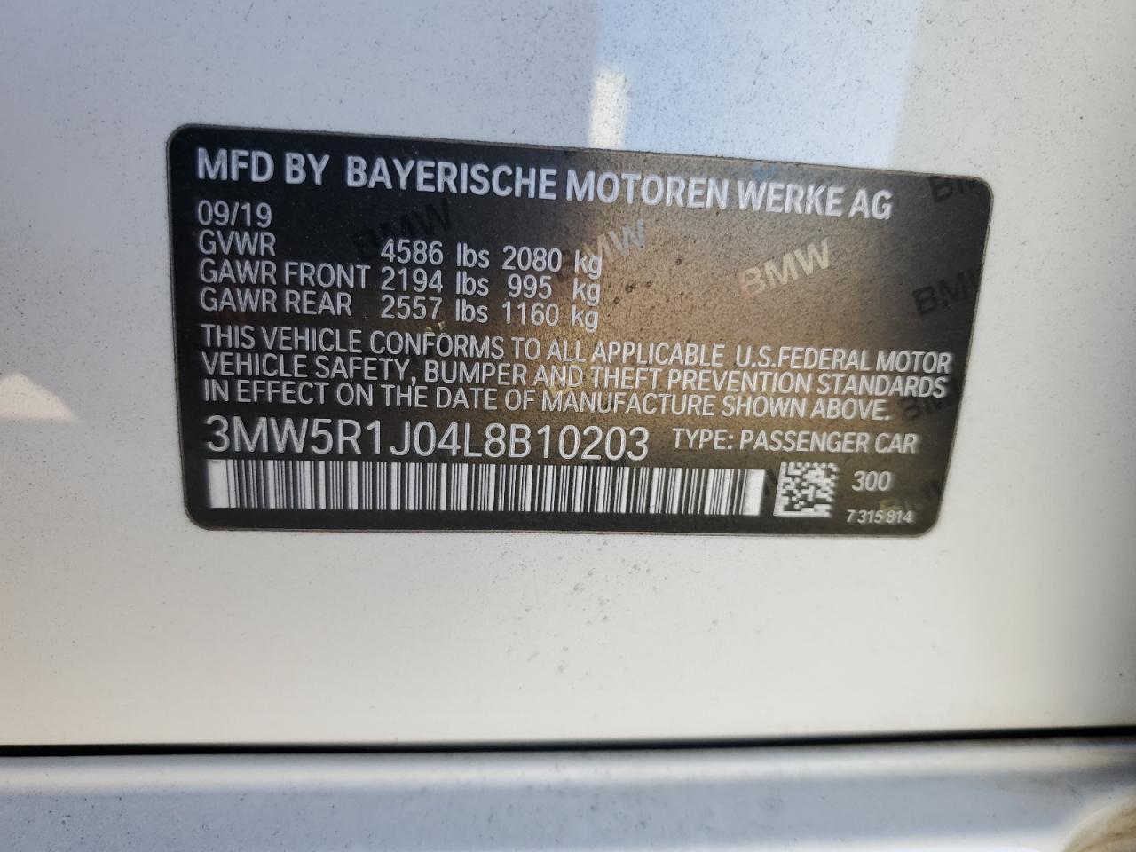 2020 BMW 3er VIN 3MW5R1J04L8B10203 Copart auction photo, front end damage thumbnail 12