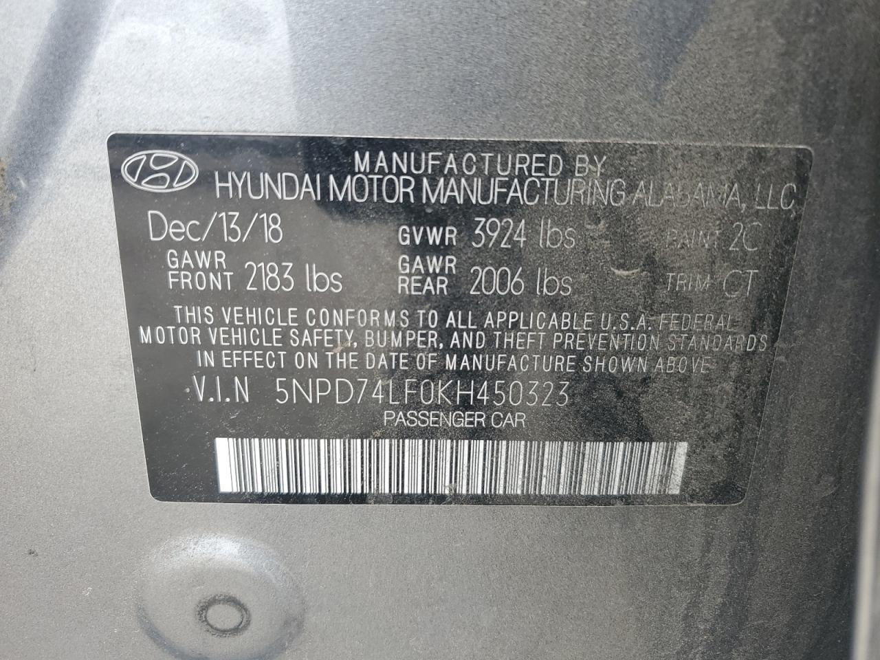 2019 Hyundai Elantra VIN 5NPD74LF0KH450323 Copart auction photo, front end damage thumbnail 12