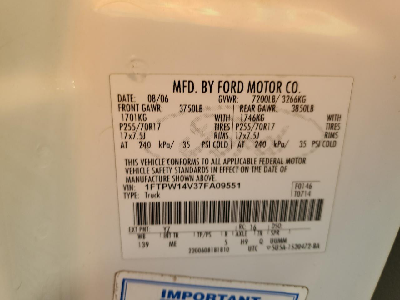 2007 Ford F-150 VIN 1FTPW14V37FA09551 Copart auction photo, front end damage thumbnail 12