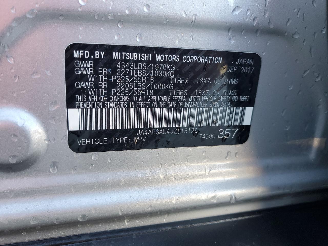2018 Mitsubishi Outlander VIN JA4AP3AU4JZ015126 Copart auction photo, front end / side damage thumbnail 13
