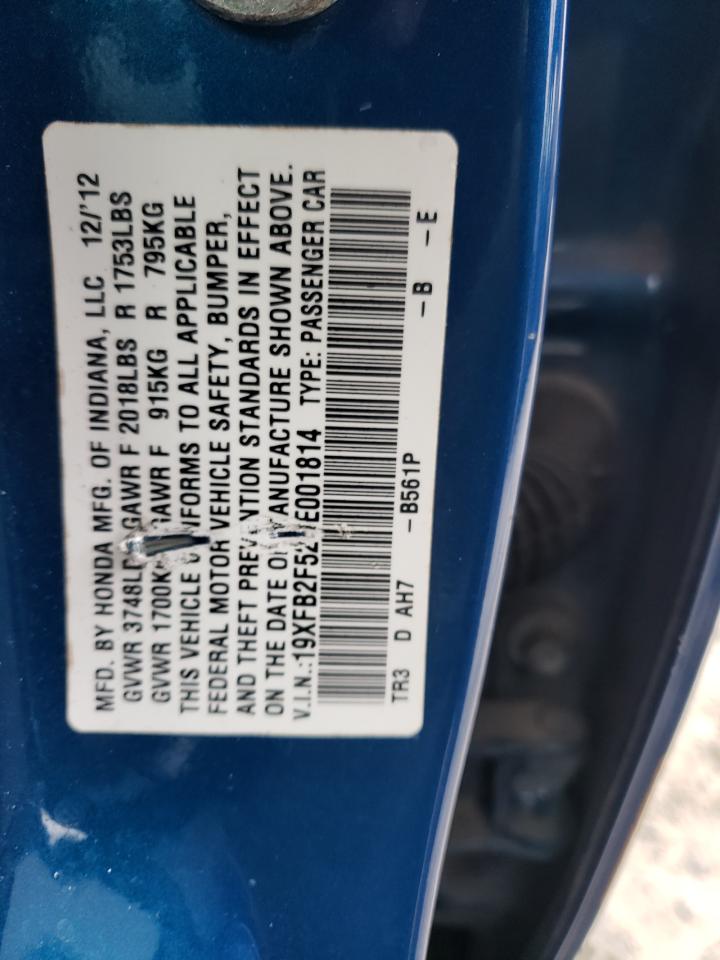 2013 Honda Civic VIN 19XFB2F52DE001814 Copart auction photo, front end damage thumbnail 12