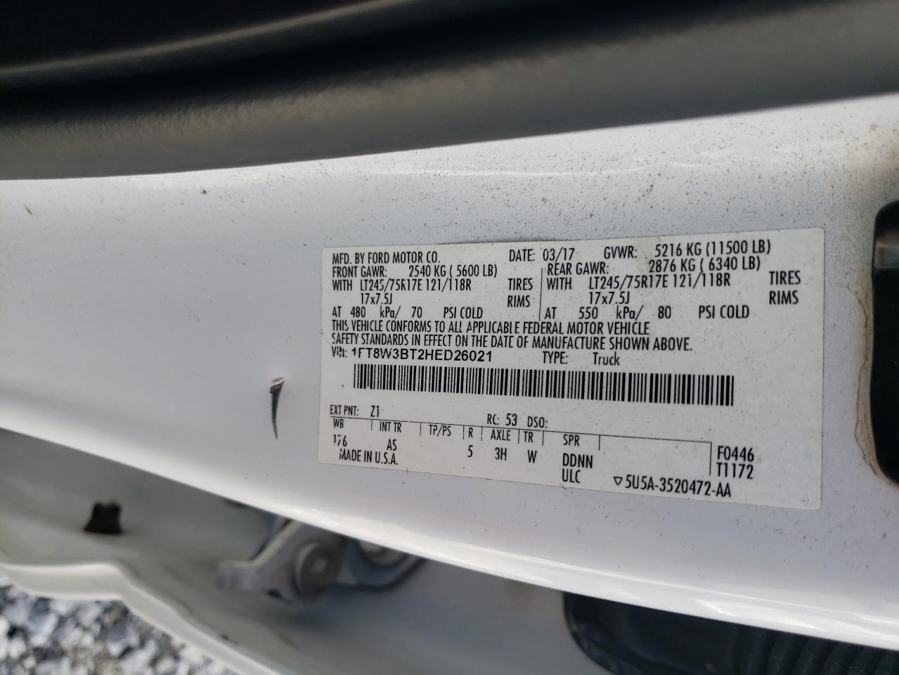 2017 Ford F350 VIN 1FT8W3BT2HED26021 Copart auction photo, front end / mechanical damage thumbnail 12