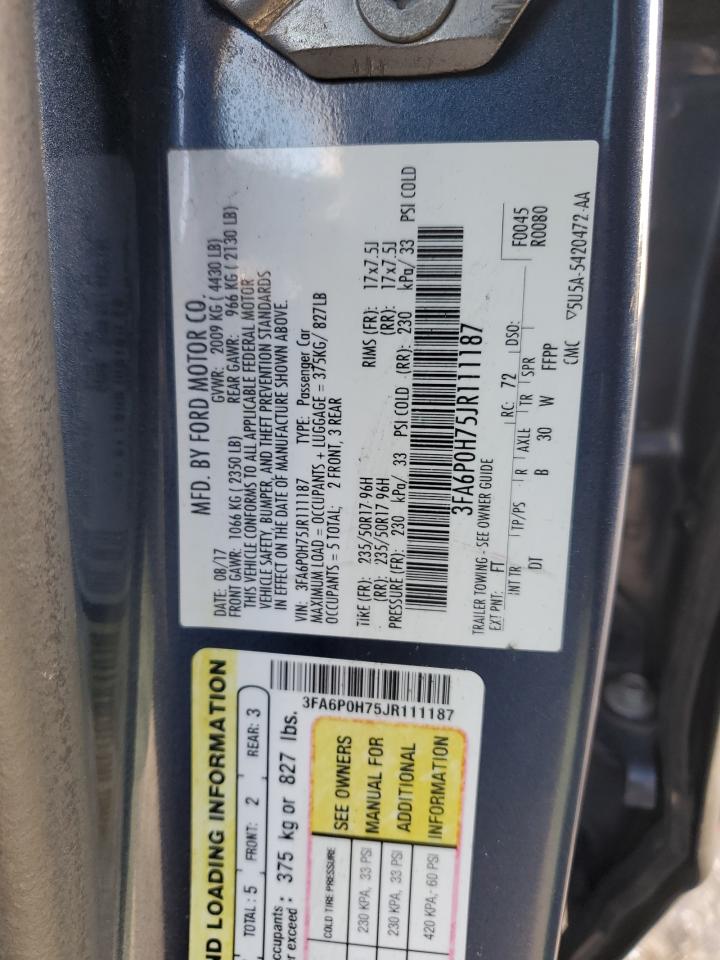 2018 Ford Fusion VIN 3FA6P0H75JR111187 Copart auction photo, rear end damage thumbnail 12