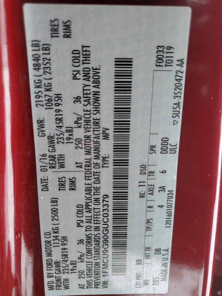2016 Ford Escape VIN 1FMCU9G90GUC03379 Copart auction photo, normal wear damage thumbnail 12