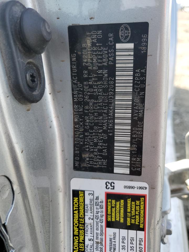 2020 Toyota Camry VIN 4T1K61AK4LU392082 Copart auction photo, stripped damage thumbnail 13