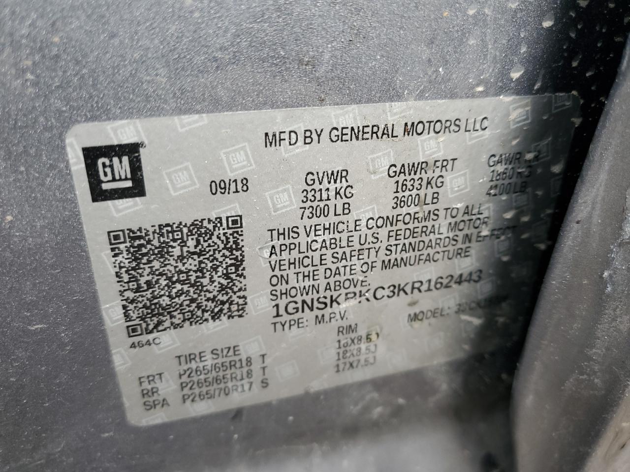 2019 Chevrolet Tahoe VIN 1GNSKBKC3KR162443 Copart auction photo, side / front end damage thumbnail 13