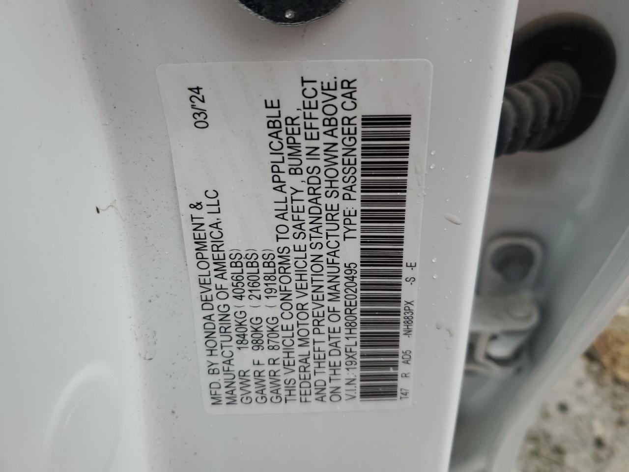 2024 Honda Civic VIN 19XFL1H80RE020495 Copart auction photo, front end damage thumbnail 12
