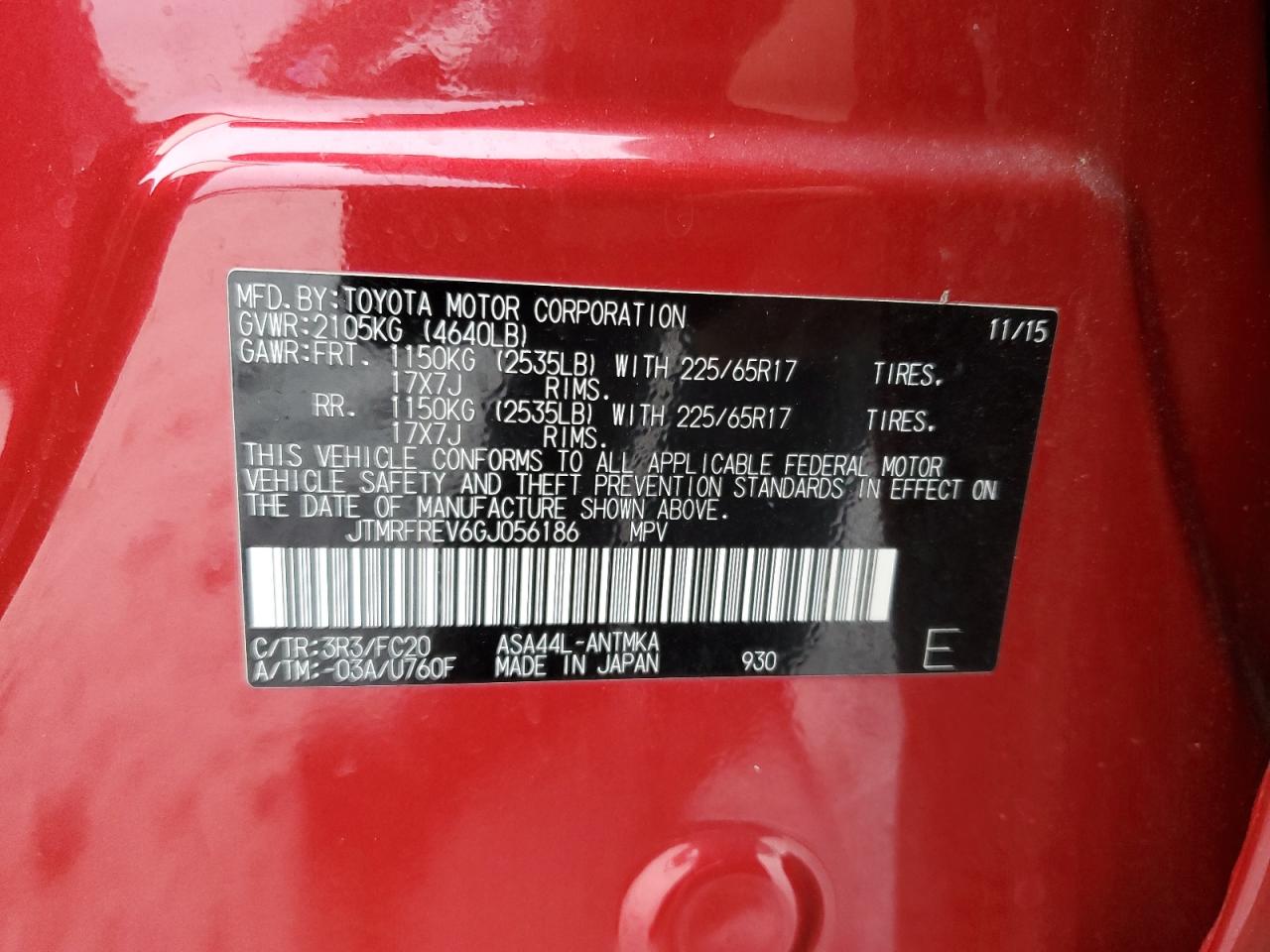 2016 Toyota RAV 4 VIN JTMRFREV6GJ056186 Copart auction photo, front end / side damage thumbnail 13