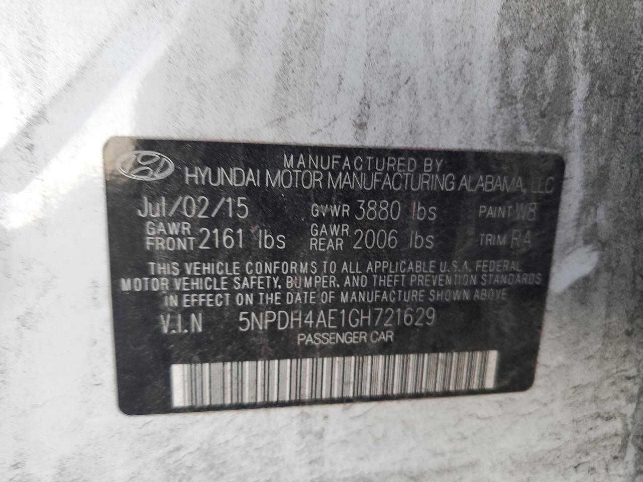 2016 Hyundai Elantra VIN 5NPDH4AE1GH721629 Copart auction photo, front end / minor dent/scratches damage thumbnail 12