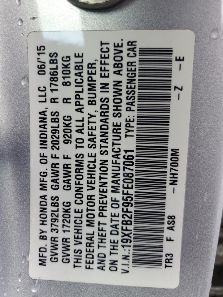 2015 Honda Civic VIN 19XFB2F95FE087061 Copart auction photo, side damage thumbnail 12
