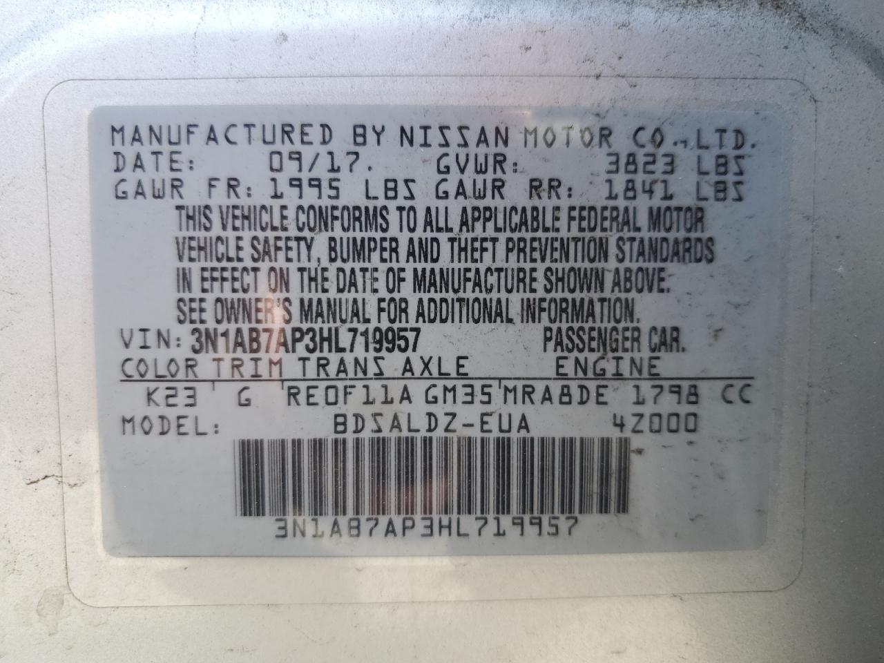 2017 Nissan Sentra VIN 3N1AB7AP3HL719957 Copart auction photo, rear end / front end damage thumbnail 12