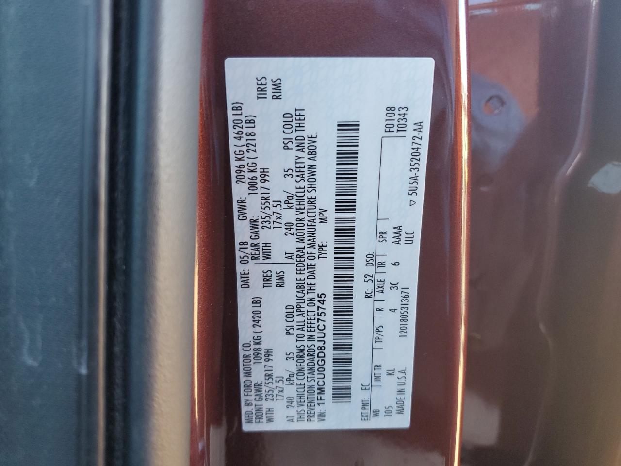 2018 Ford Escape VIN 1FMCU0GD8JUC75745 Copart auction photo, front end / minor dent/scratches damage thumbnail 14