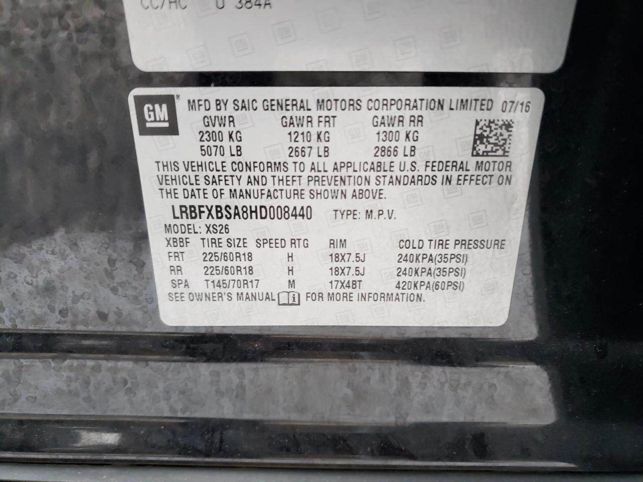 2017 Buick Envision VIN LRBFXBSA8HD008440 Copart auction photo, rollover damage thumbnail 13
