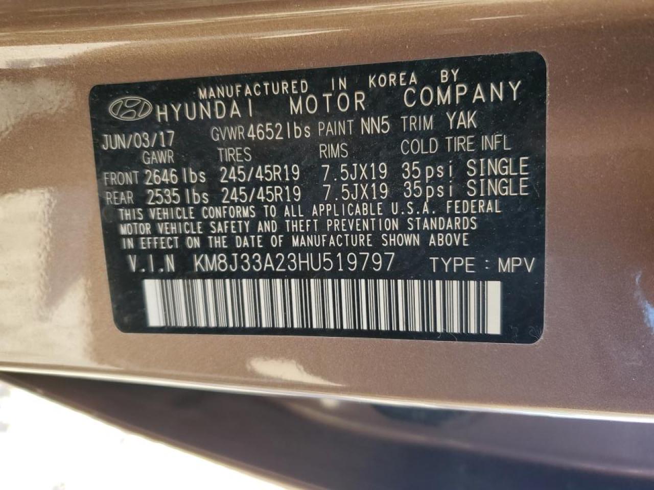 2017 Hyundai Tucson VIN KM8J33A23HU519797 Copart auction photo, front end / minor dent/scratches damage thumbnail 12