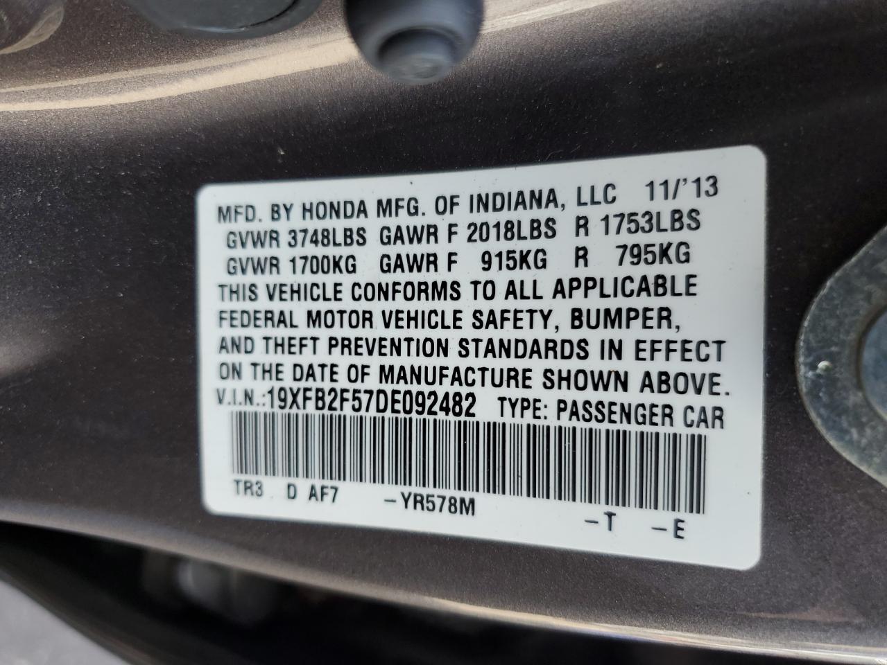 2013 Honda Civic VIN 19XFB2F57DE092482 Copart auction photo, front end / side damage thumbnail 12
