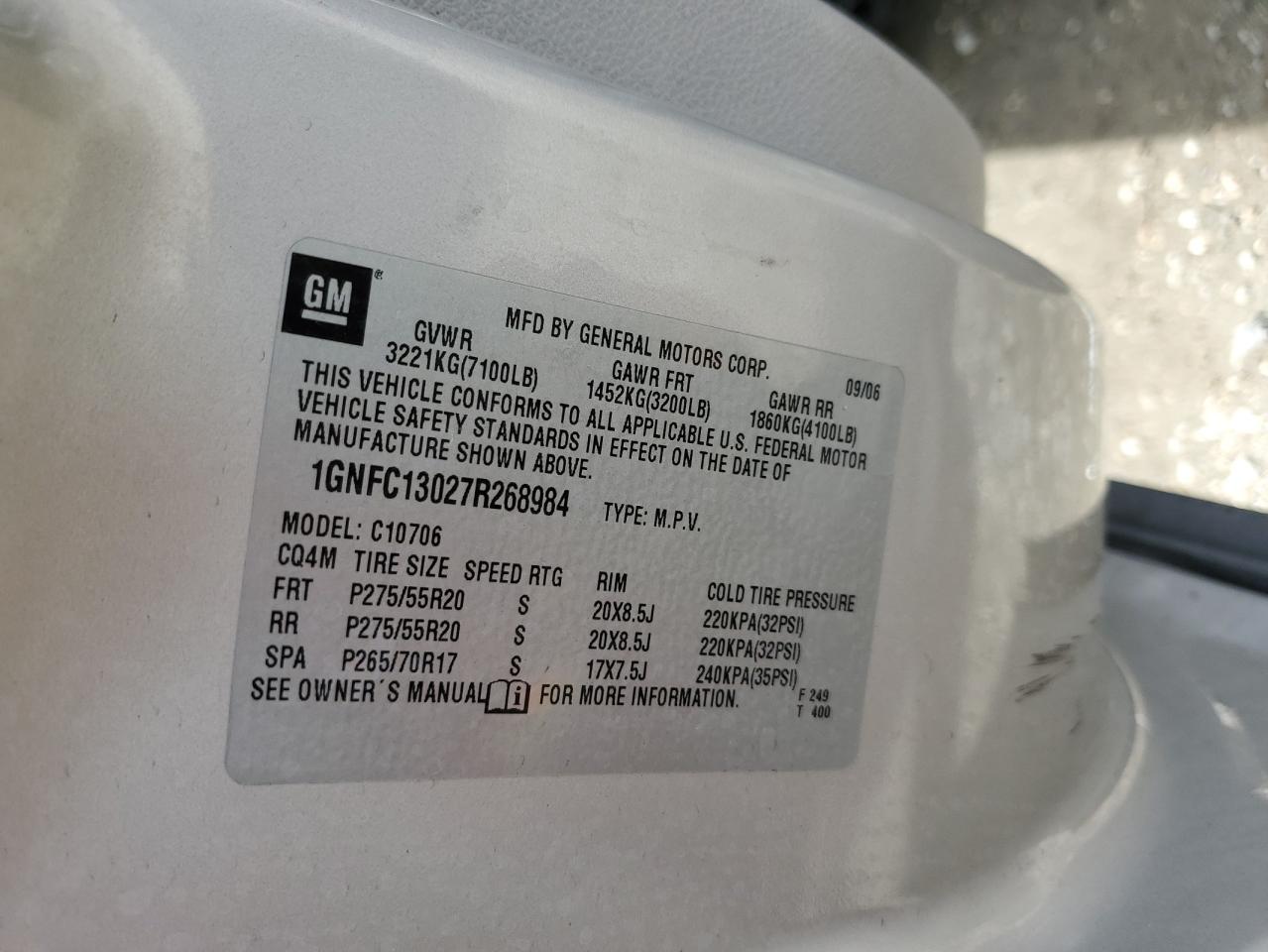 2007 Chevrolet Tahoe VIN 1GNFC13027R268984 Copart auction photo, mechanical damage thumbnail 14