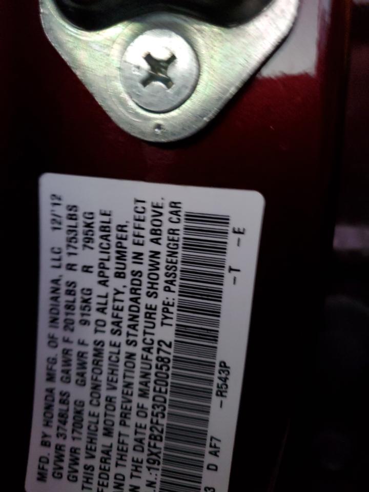 2013 Honda Civic VIN 19XFB2F53DE005872 Copart auction photo, front end damage thumbnail 13