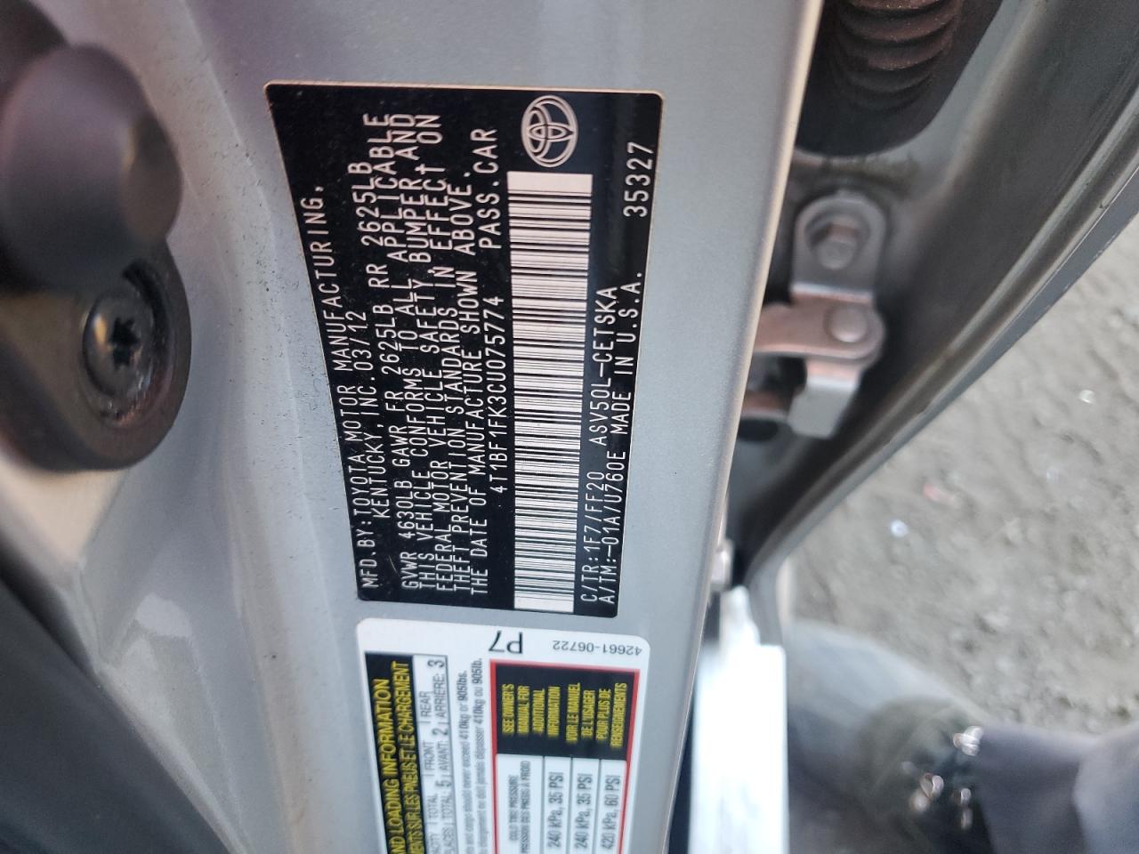 2012 Toyota Camry VIN 4T1BF1FK3CU075774 Copart auction photo, rear end / side damage thumbnail 14