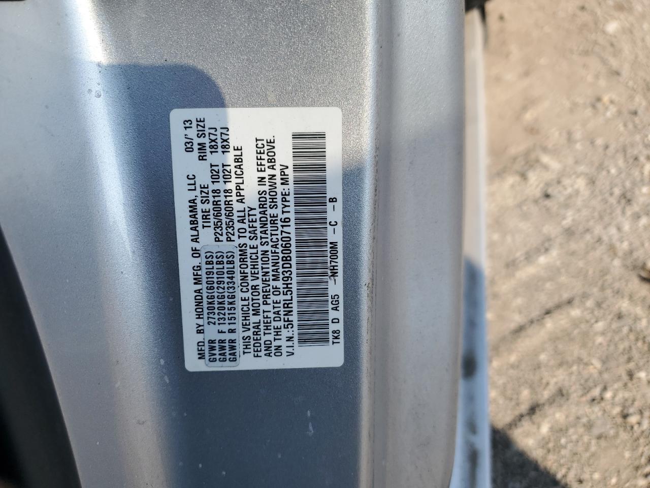 2013 Honda Odyssey VIN 5FNRL5H93DB060716 Copart auction photo, front end / minor dent/scratches damage thumbnail 15