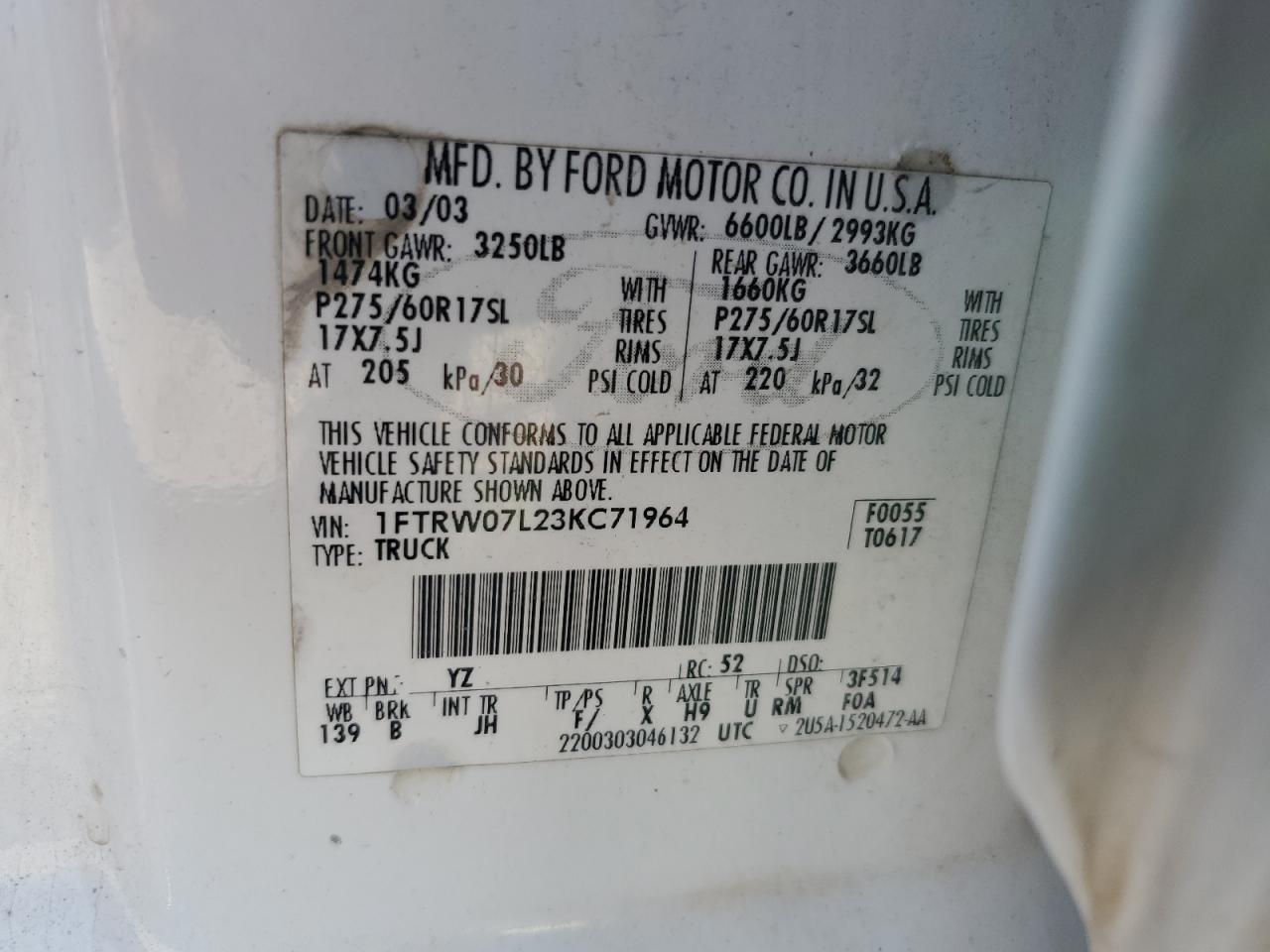 2003 Ford F-150 VIN 1FTRW07L23KC71964 Copart auction photo, rear end / front end damage thumbnail 13