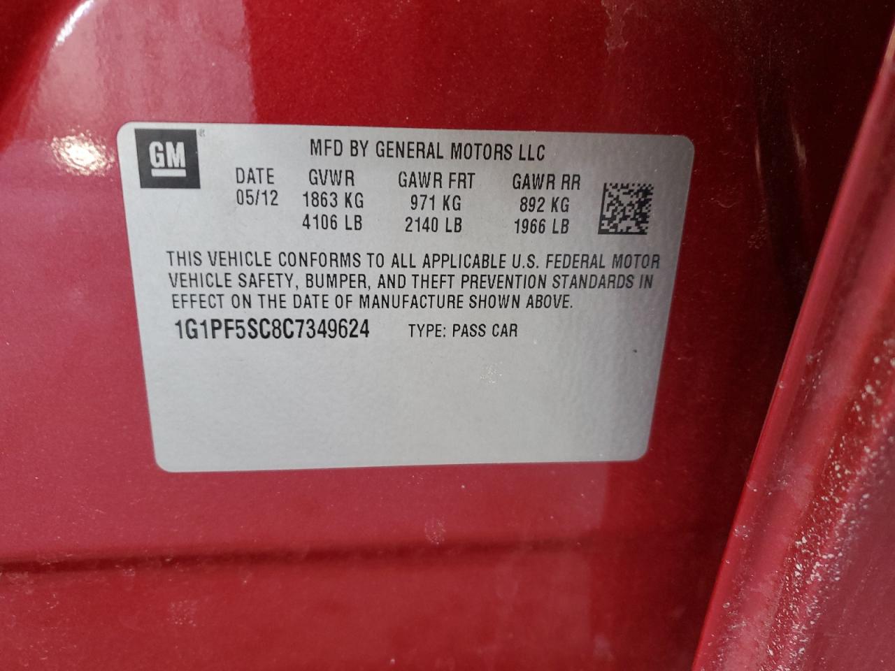2012 Chevrolet Cruze VIN 1G1PF5SC8C7349624 Copart auction photo, rear end damage thumbnail 12