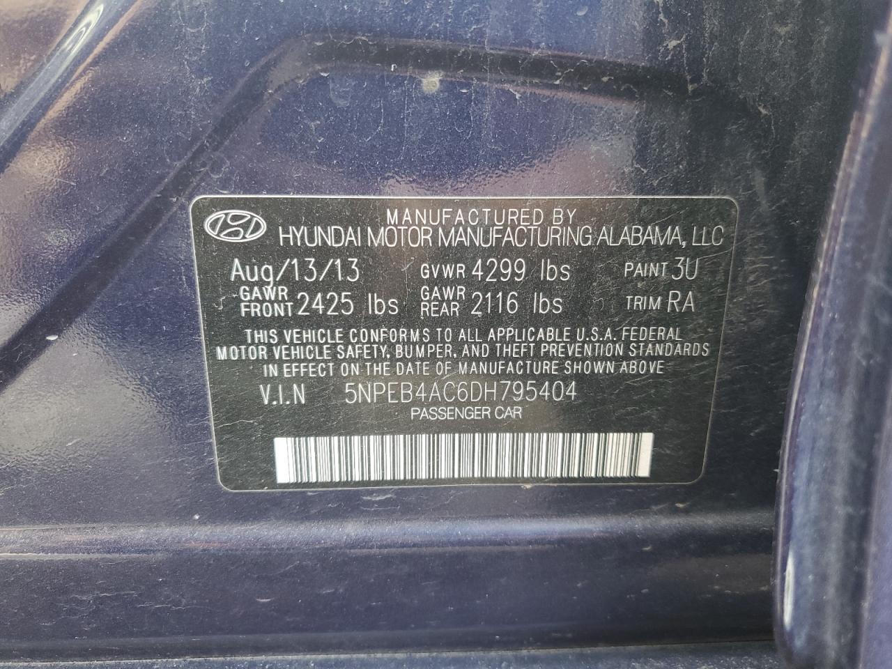 2013 Hyundai Sonata VIN 5NPEB4AC6DH795404 Copart auction photo, front end damage thumbnail 12