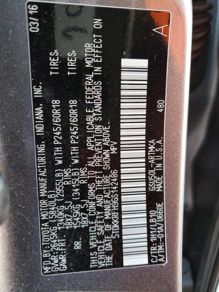 2016 Toyota Highlander VIN 5TDKKRFH9GS142486 Copart auction photo, front end damage thumbnail 13