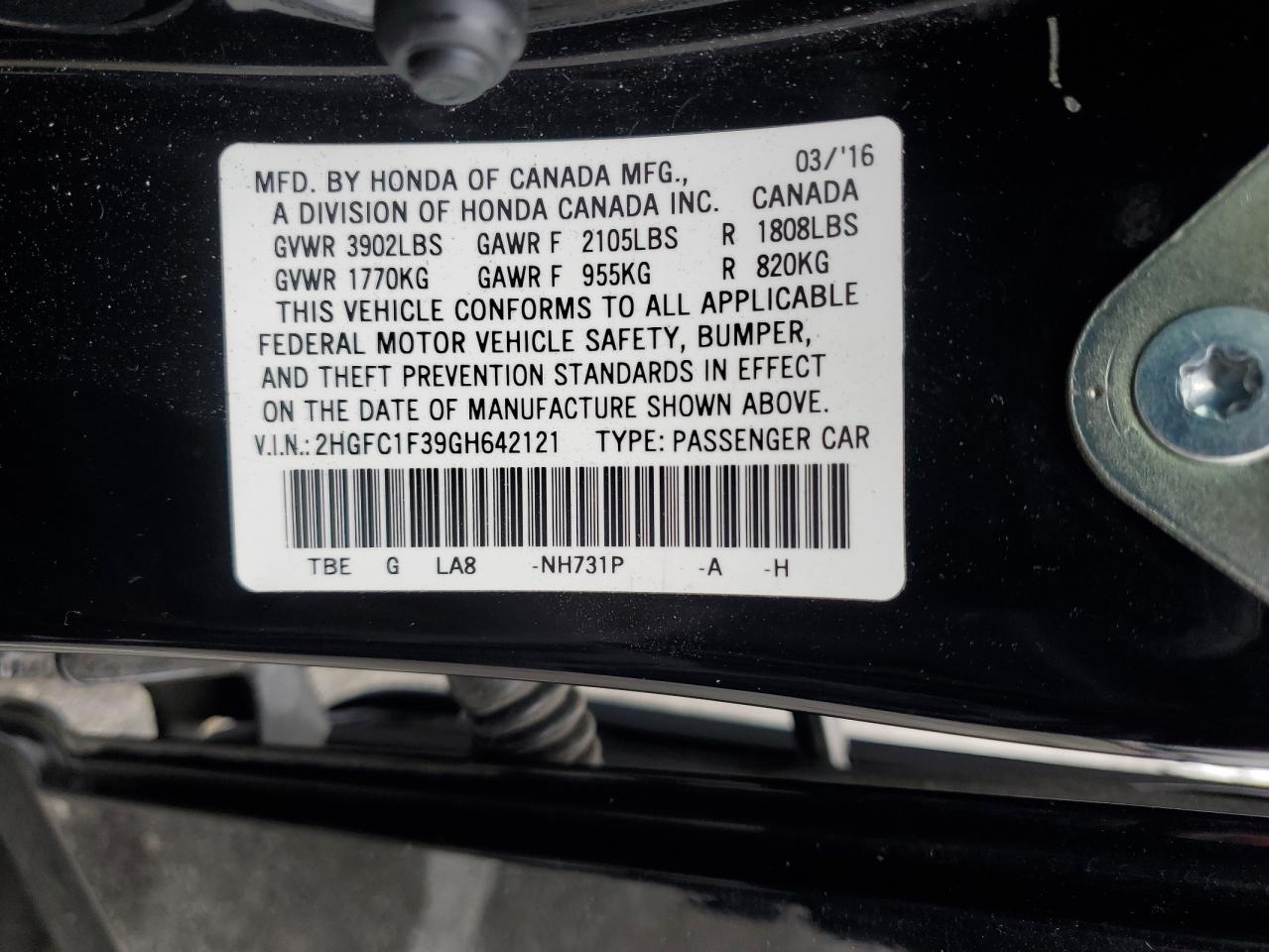 2016 Honda Civic VIN 2HGFC1F39GH642121 Copart auction photo, mechanical damage thumbnail 14