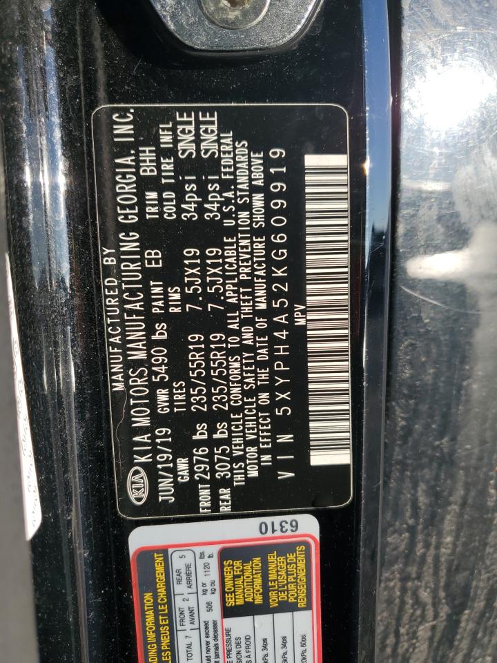 2019 KIA Sorento VIN 5XYPH4A52KG609919 Copart auction photo, front end damage thumbnail 15