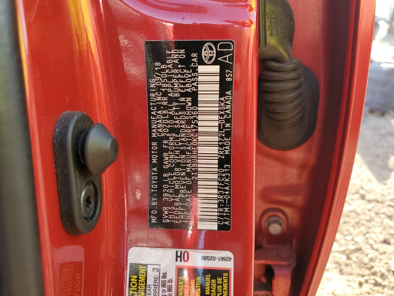 2019 Toyota Corolla VIN 2T1BURHE0KC175360 Copart auction photo, side / front end damage thumbnail 13