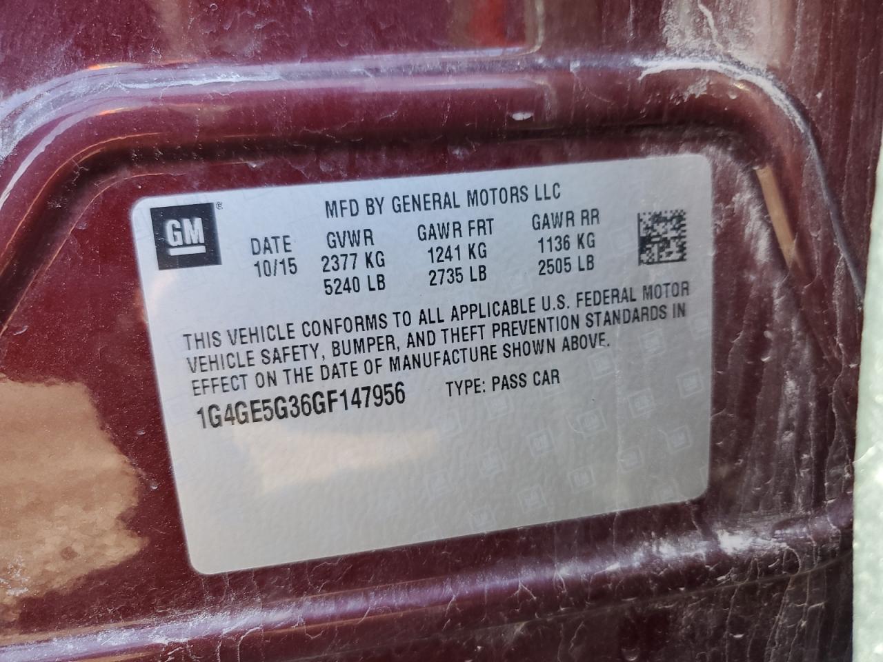2016 Buick LaCrosse VIN 1G4GE5G36GF147956 Copart auction photo, front end / rear end damage thumbnail 14