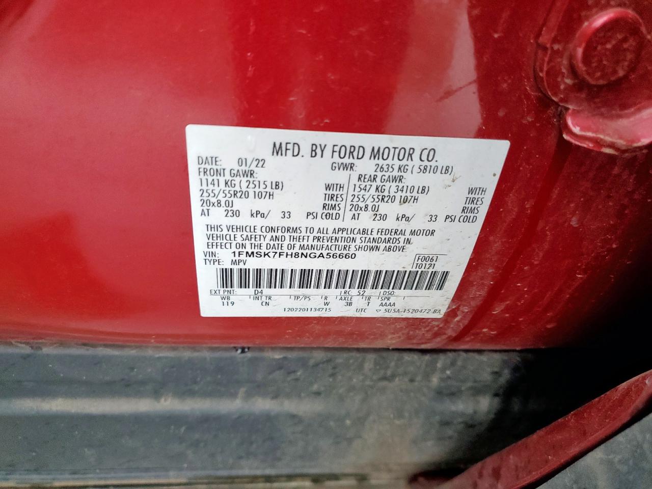 2022 Ford Explorer VIN 1FMSK7FH8NGA56660 Copart auction photo, front end damage thumbnail 12