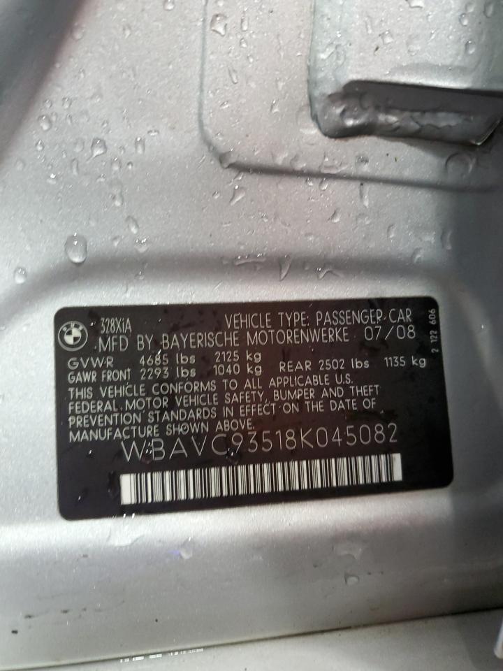 2008 BMW 3er VIN WBAVC93518K045082 Copart auction photo, front end / side damage thumbnail 13