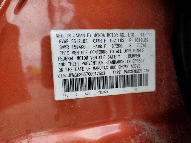 2012 Honda Fit VIN JHMGE8H57CC012503 Copart auction photo, rear end damage thumbnail 12