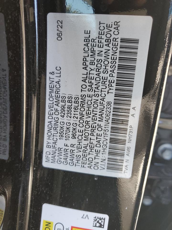 2022 Honda Accord VIN 1HGCV1F51NA062338 Copart auction photo, burn / front end damage thumbnail 14