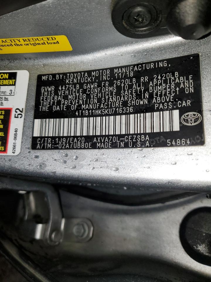 2019 Toyota Camry VIN 4T1B11HK5KU716336 Copart auction photo, front end damage thumbnail 14