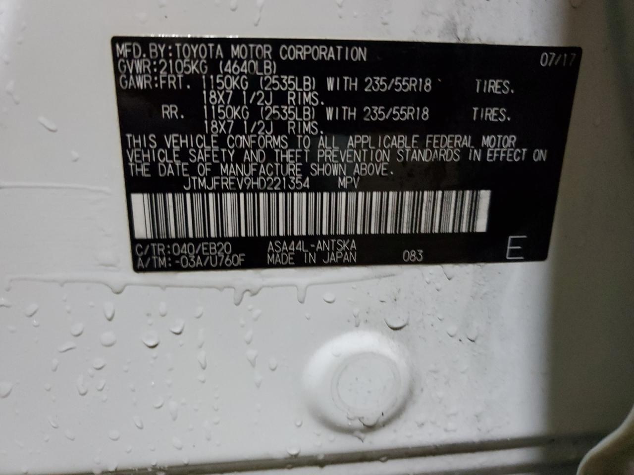 2017 Toyota RAV 4 VIN JTMJFREV9HD221354 Copart auction photo, rear end damage thumbnail 12