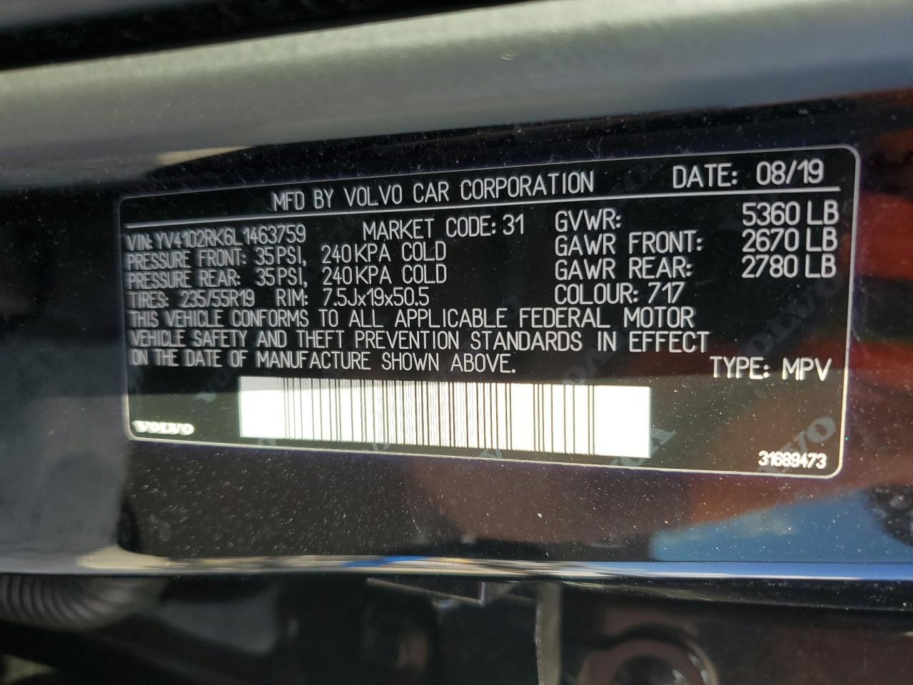 2020 Volvo XC60 VIN YV4102RK6L1463759 Copart auction photo, rear end / minor dent/scratches damage thumbnail 16