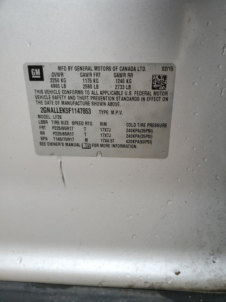 2015 Chevrolet Equinox VIN 2GNALLEK5F1147863 Copart auction photo, front end / side damage thumbnail 13