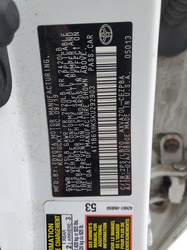 2019 Toyota Camry VIN 4T1B61HK5KU292903 Copart auction photo, all over damage thumbnail 12