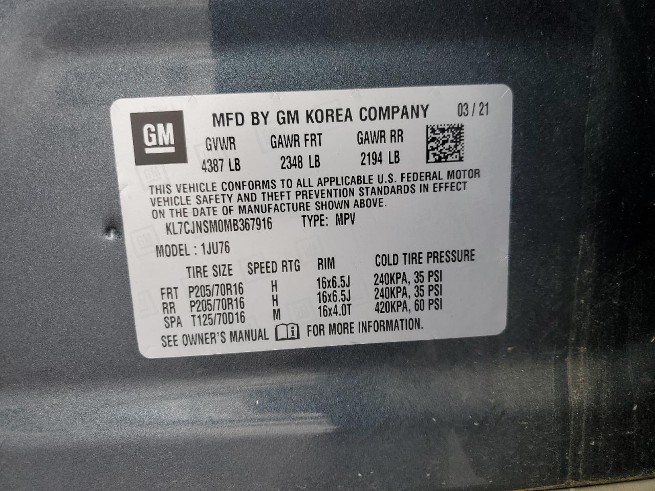 2021 Chevrolet Trax VIN KL7CJNSM0MB367916 Copart auction photo, front end damage thumbnail 15
