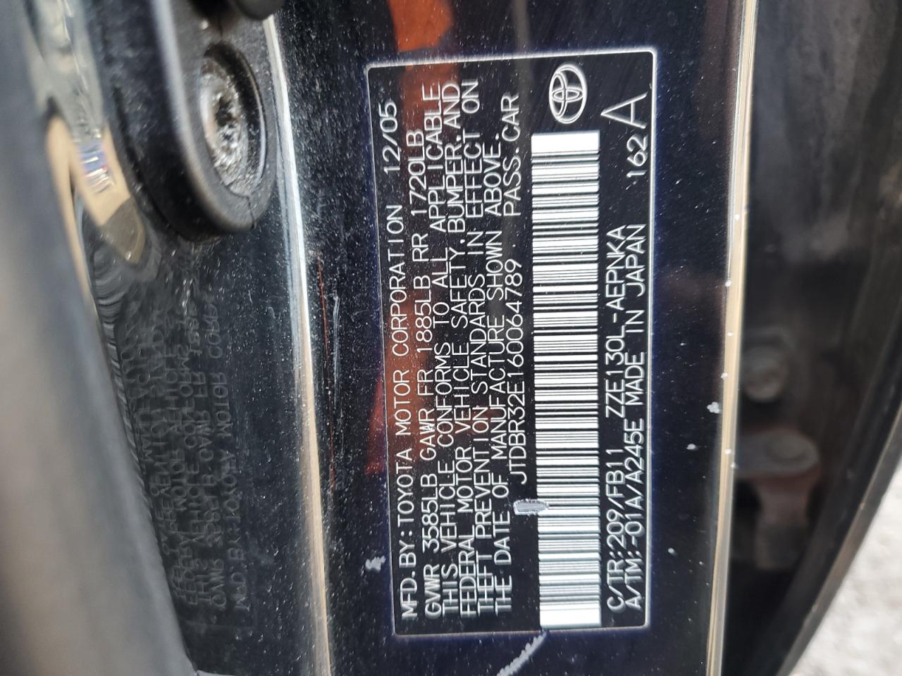 2006 Toyota Corolla VIN JTDBR32E160064789 Copart auction photo, rear end / front end damage thumbnail 14