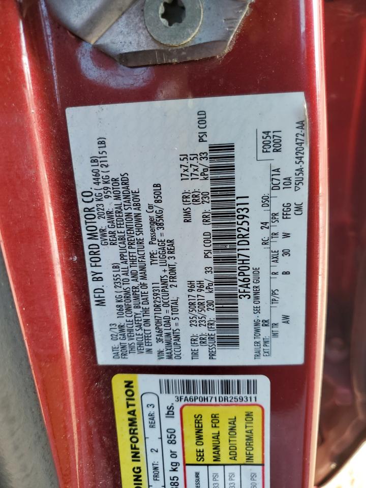 2013 Ford Fusion VIN 3FA6P0H71DR259311 Copart auction photo, rear end / side damage thumbnail 14