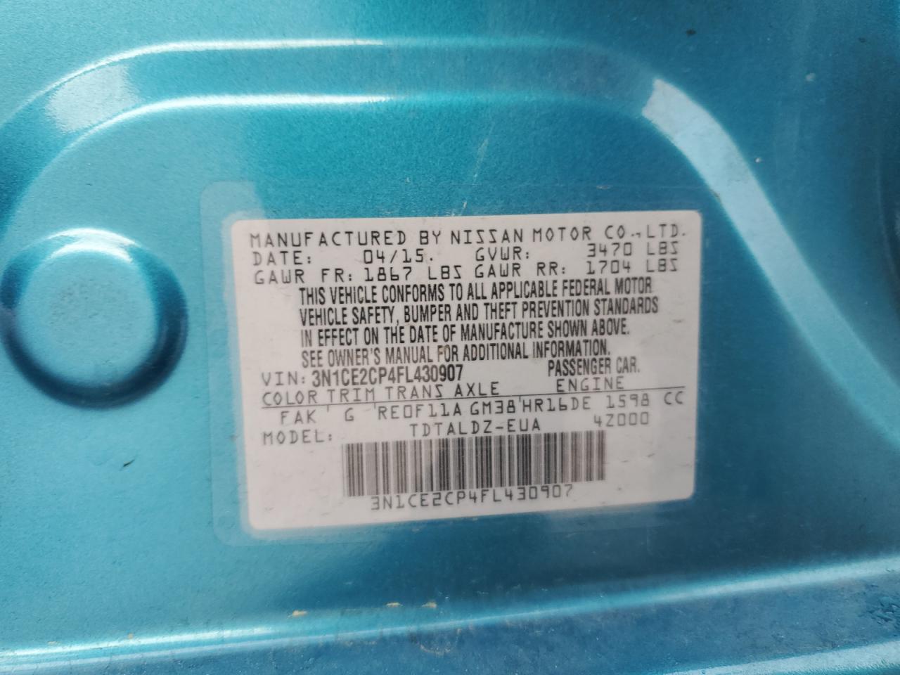 2015 Nissan Versa VIN 3N1CE2CP4FL430907 Copart auction photo, side damage thumbnail 13