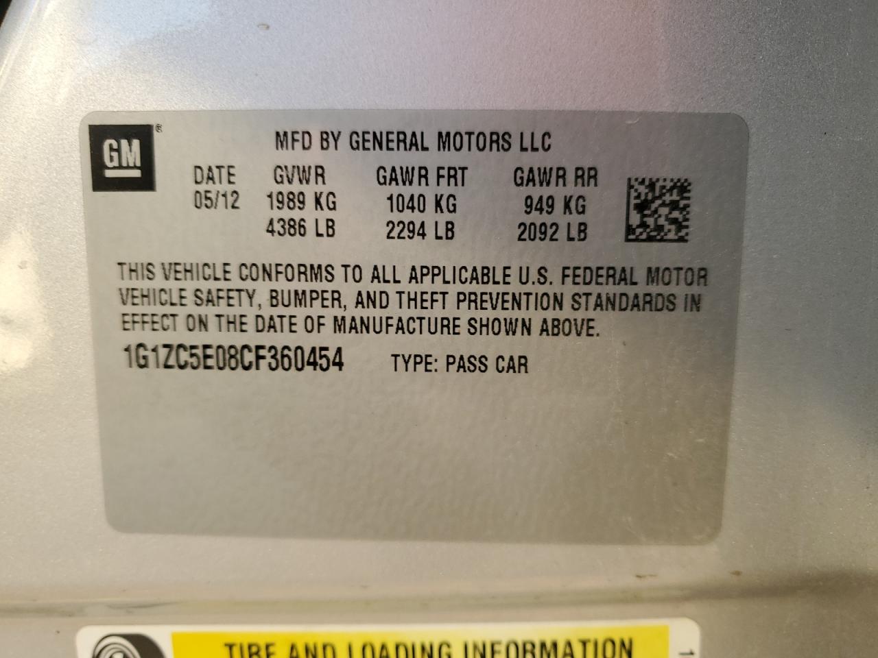 2012 Chevrolet Malibu VIN 1G1ZC5E08CF360454 Copart auction photo, hail damage thumbnail 12