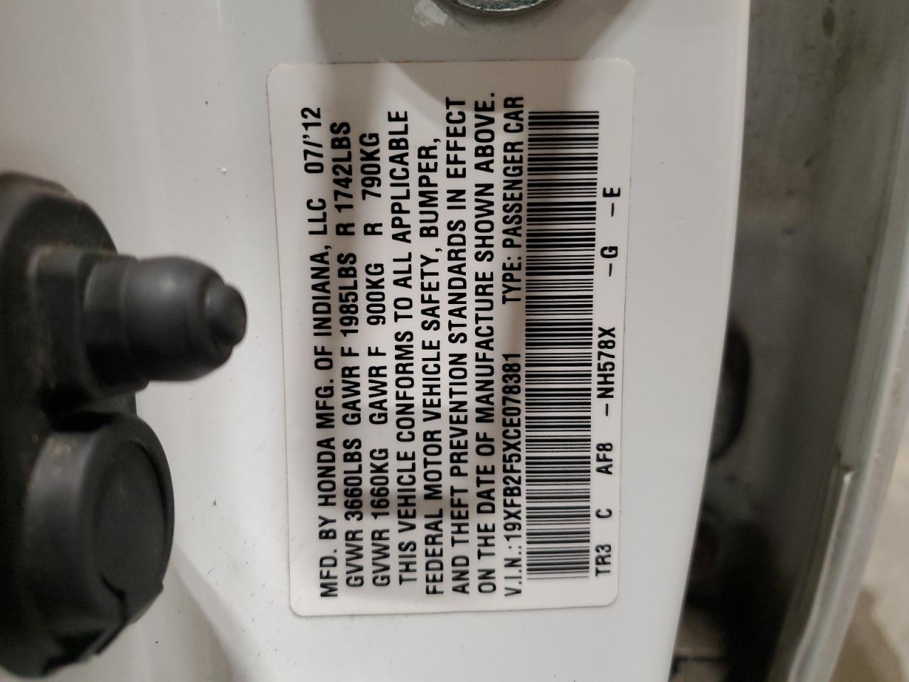 2012 Honda Civic VIN 19XFB2F5XCE078381 Copart auction photo, front end / rear end damage thumbnail 12