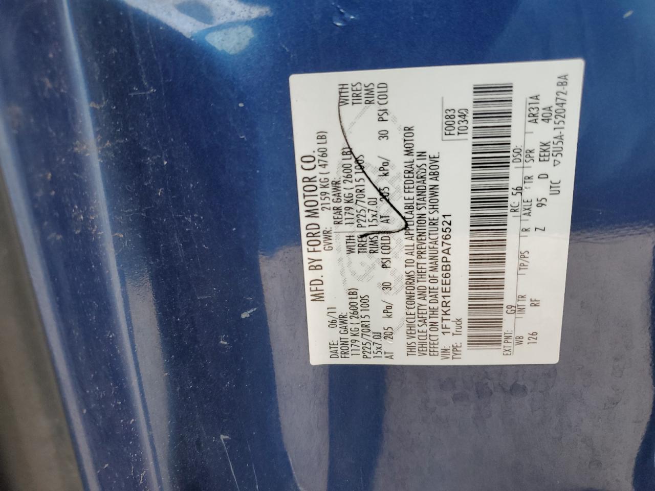 2011 Ford Ranger VIN 1FTKR1EE6BPA76521 Copart auction photo, front end / minor dent/scratches damage thumbnail 14