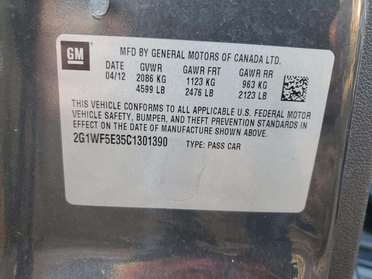 2012 Chevrolet Impala VIN 2G1WF5E35C1301390 Copart auction photo, front end damage thumbnail 12